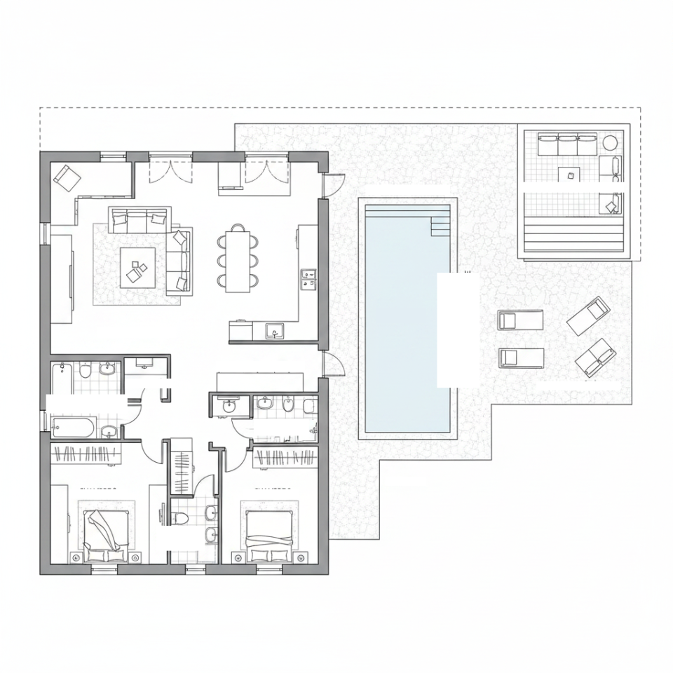 Villa 01 floor plan: living and kitchen, three bedrooms, two bathrooms, covered terrace, infinity pool and pool house